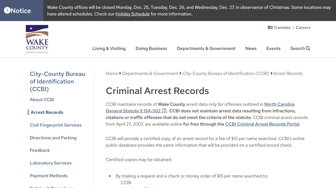 Criminal Arrest Records | Wake County Government